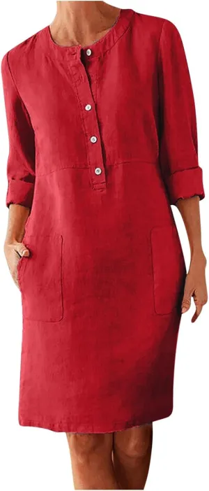 Women's Cotton Linen Shirt Dress Long Sleeve Summer Midi Dresses Dressy Casual Button Down Crewneck Solid Dress