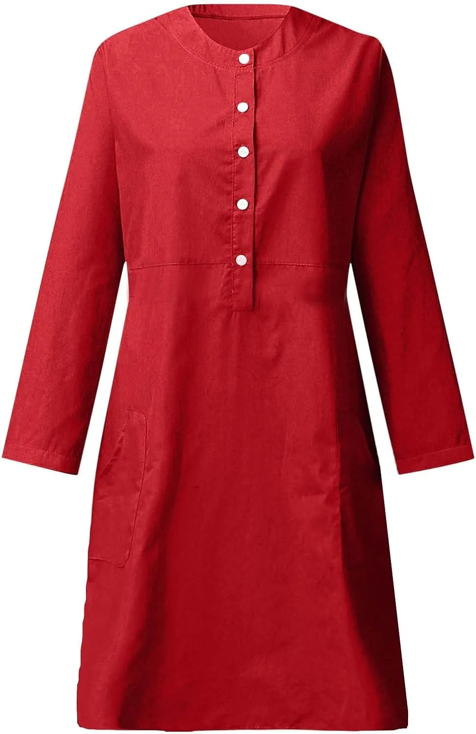 Women's Cotton Linen Shirt Dress Long Sleeve Summer Midi Dresses Dressy Casual Button Down Crewneck Solid Dress