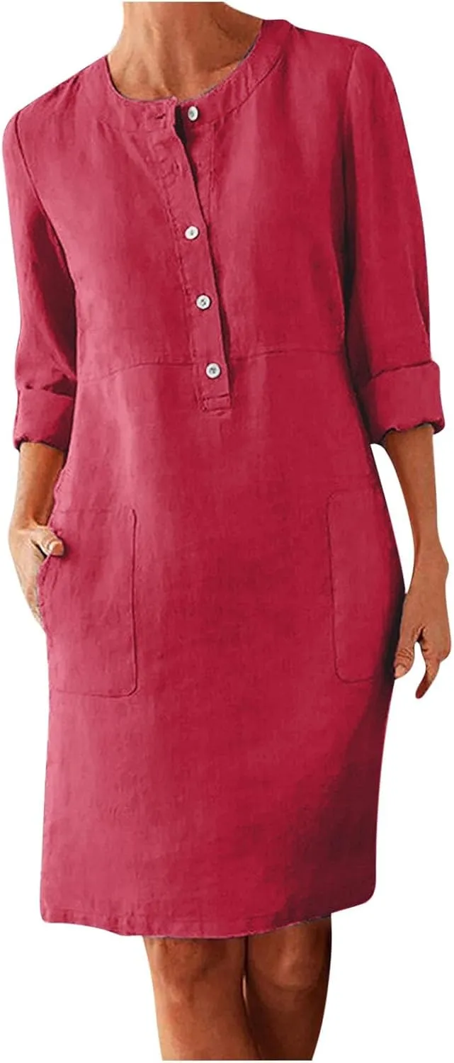 Women's Cotton Linen Shirt Dress Long Sleeve Summer Midi Dresses Dressy Casual Button Down Crewneck Solid Dress