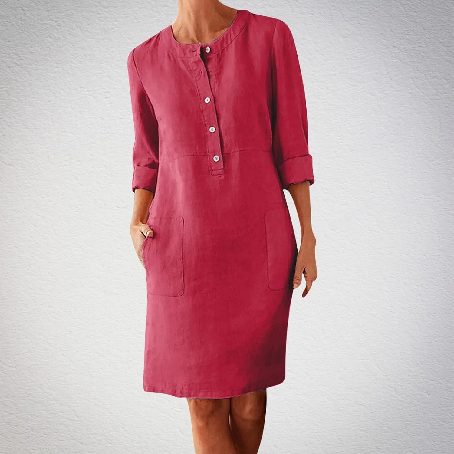 Women's Cotton Linen Shirt Dress Long Sleeve Summer Midi Dresses Dressy Casual Button Down Crewneck Solid Dress