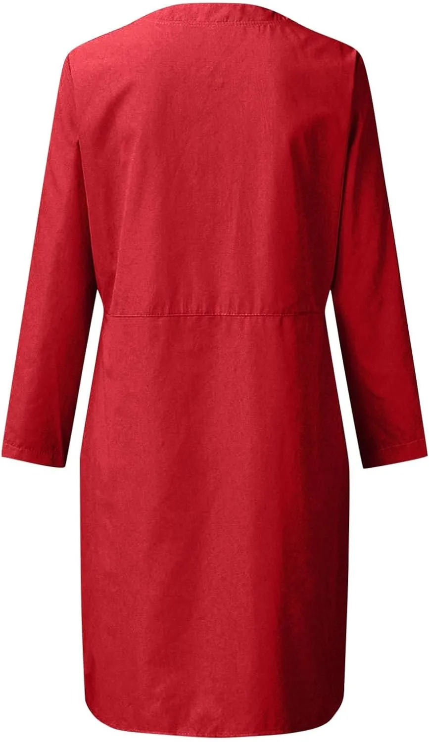 Women's Cotton Linen Shirt Dress Long Sleeve Summer Midi Dresses Dressy Casual Button Down Crewneck Solid Dress
