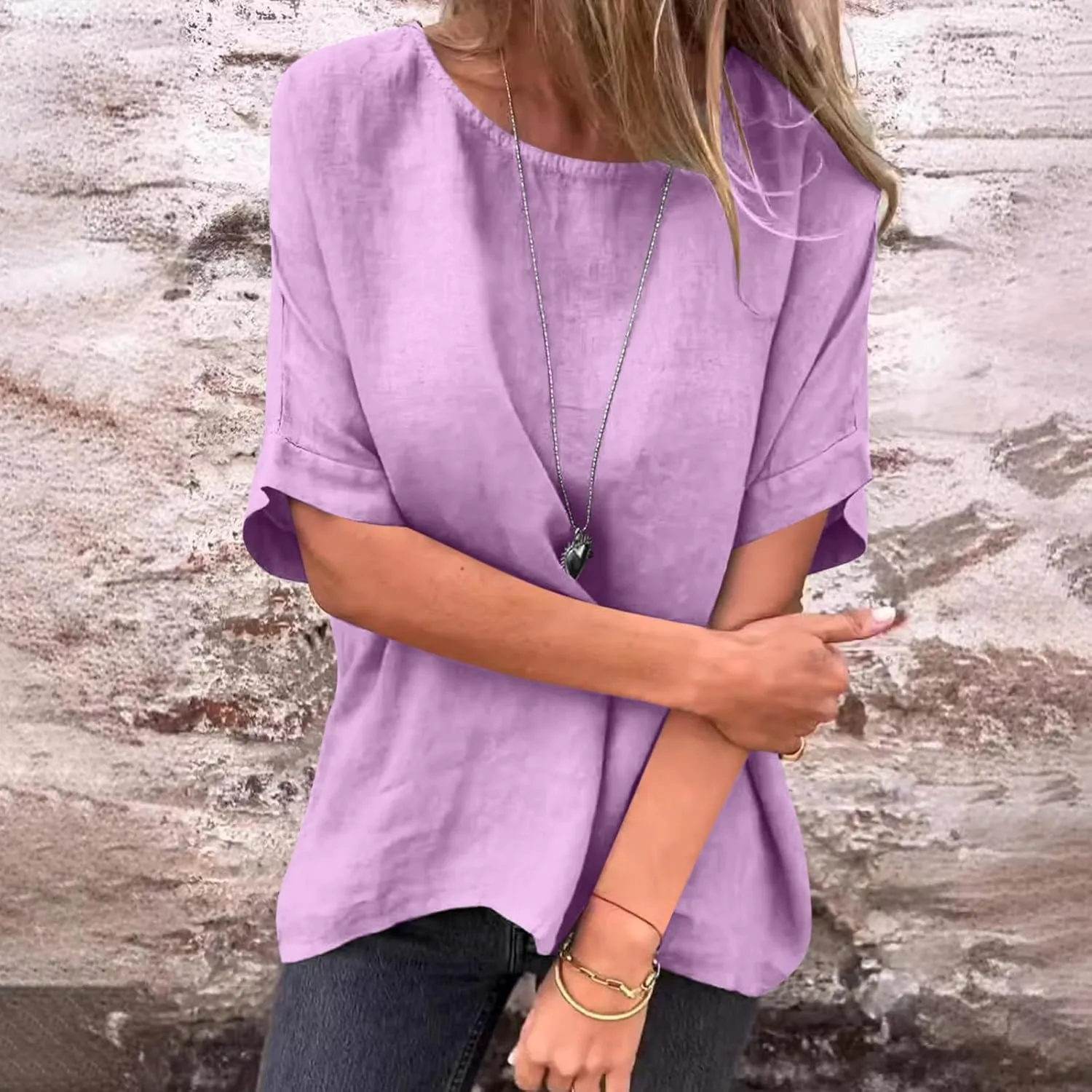 Womens Cotton Linen Shirts Casual Short Sleeve Blouses 2025 Trendy Loose Fit Crew Neck Solid Color Work Tops
