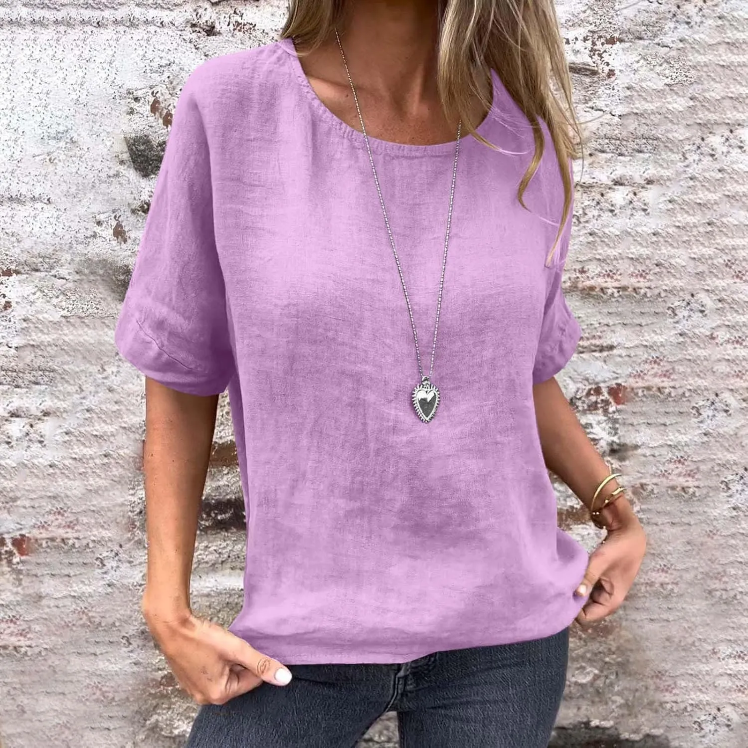 Womens Cotton Linen Shirts Casual Short Sleeve Blouses 2025 Trendy Loose Fit Crew Neck Solid Color Work Tops