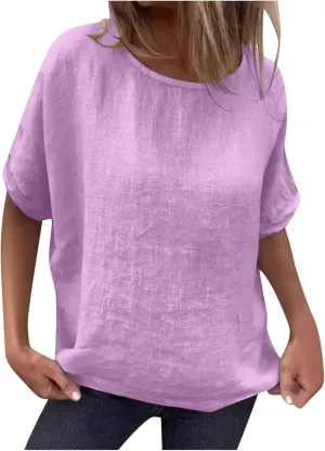 Womens Cotton Linen Shirts Casual Short Sleeve Blouses 2025 Trendy Loose Fit Crew Neck Solid Color Work Tops