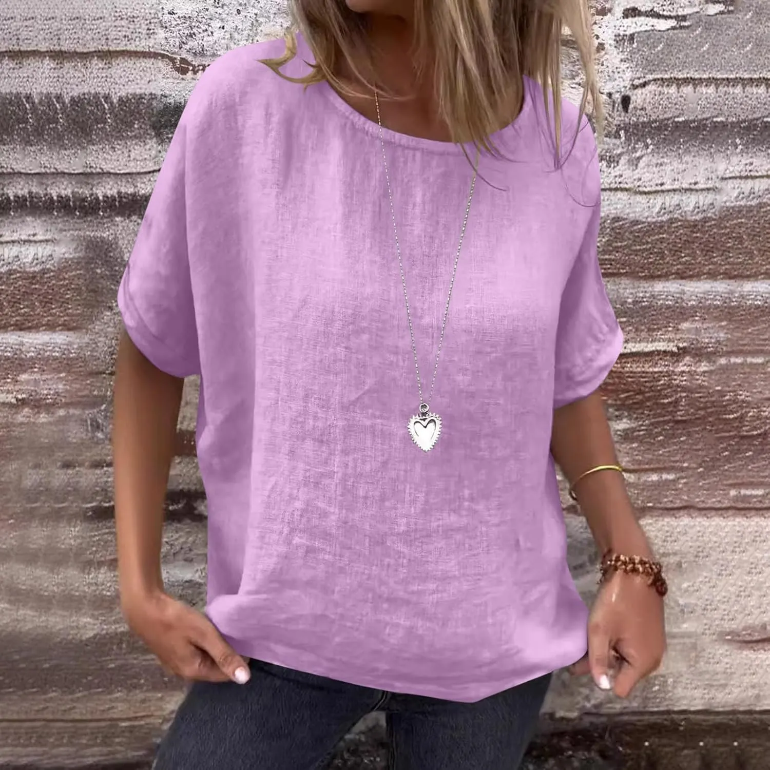 Womens Cotton Linen Shirts Casual Short Sleeve Blouses 2025 Trendy Loose Fit Crew Neck Solid Color Work Tops