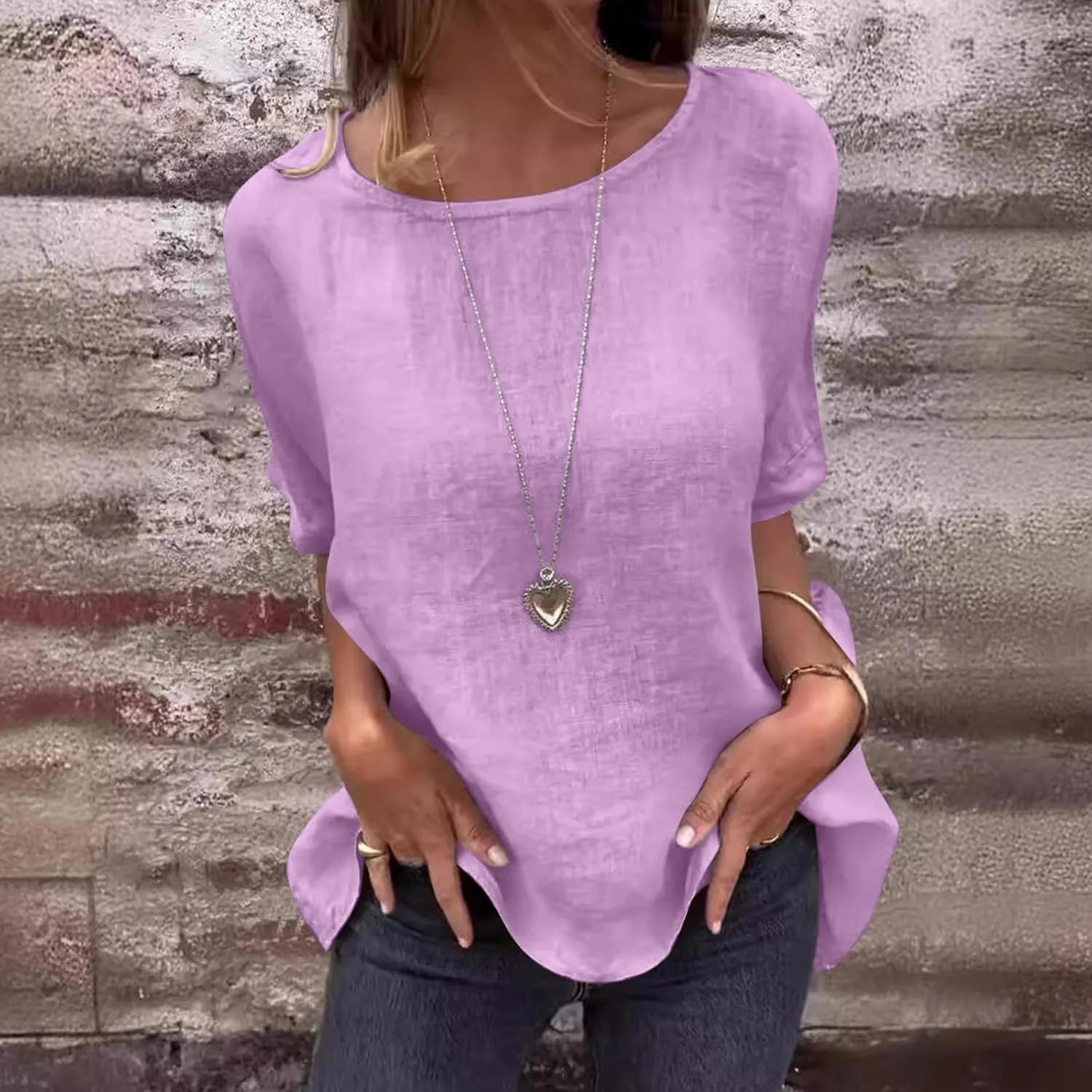 Womens Cotton Linen Shirts Casual Short Sleeve Blouses 2025 Trendy Loose Fit Crew Neck Solid Color Work Tops