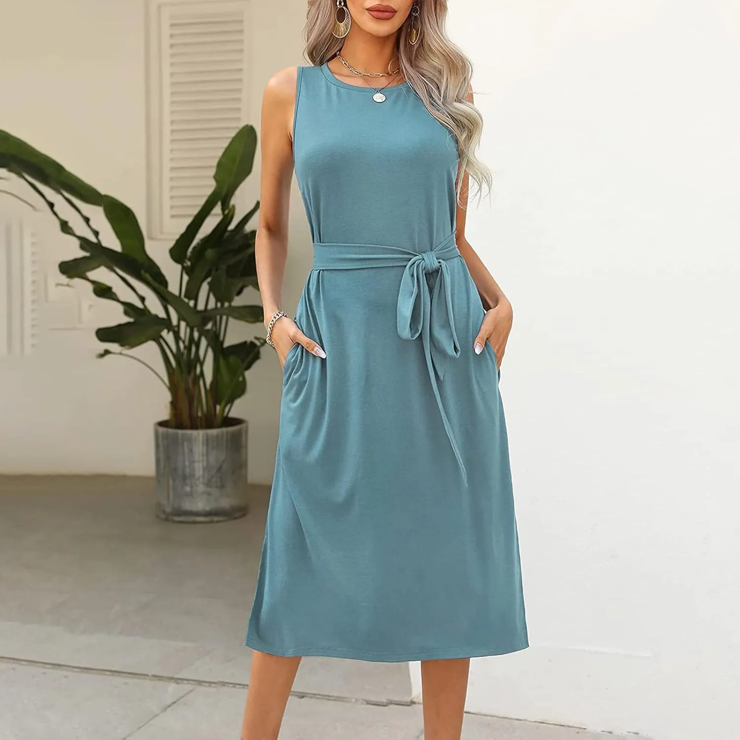 Womens Dress Sleeveless Round Neck Backless Midi Skirt Casual Pleated Belt with Pockets Dresses Working Vacation