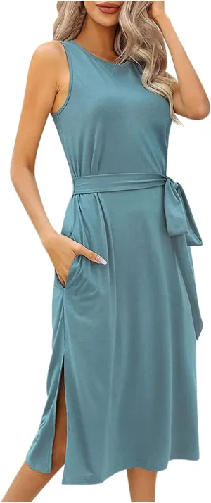 Womens Dress Sleeveless Round Neck Backless Midi Skirt Casual Pleated Belt with Pockets Dresses Working Vacation