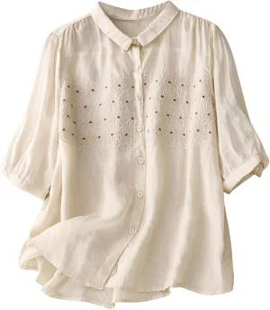 Women's Elbow Sleeve Button Down Cotton Linen Tops Shirts Simple Solid Color Collared Blouses Casual Loose T Shirt