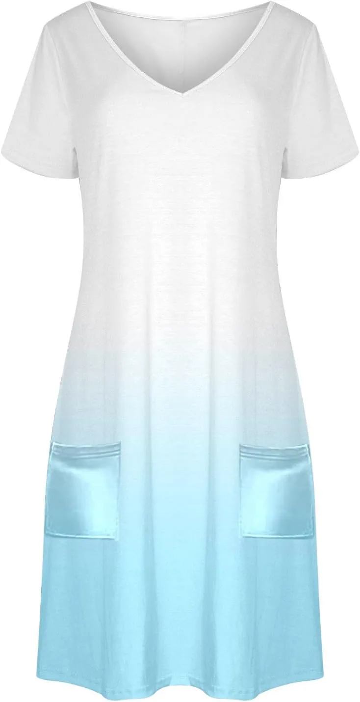 Women's Fashion Summer Dress Gradient Short Sleeve V-Neck Lounge Dresses Loose Comfy Solid Midi Skirts Vacation