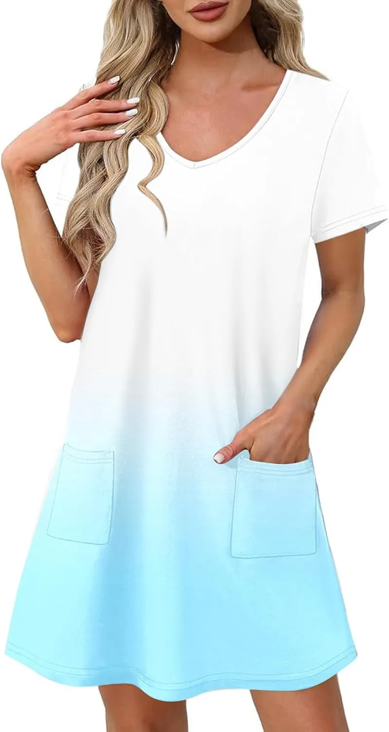 Women's Fashion Summer Dress Gradient Short Sleeve V-Neck Lounge Dresses Loose Comfy Solid Midi Skirts Vacation
