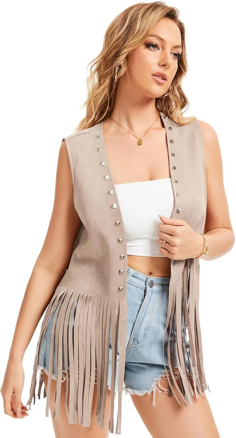 Women's Fringe Vest 60s 70s Hippie Vest Sleeveless Cowgirl Western Faux Suede rivet tassel denim jacket, Halloween