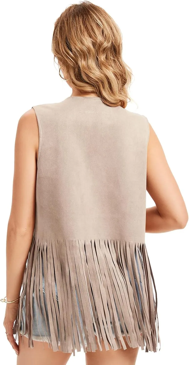 Women's Fringe Vest 60s 70s Hippie Vest Sleeveless Cowgirl Western Faux Suede rivet tassel denim jacket, Halloween