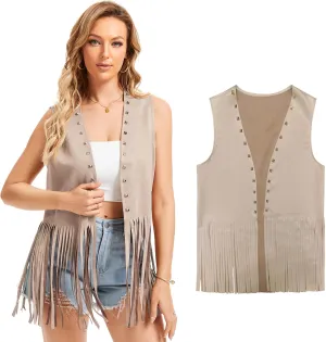 Women's Fringe Vest 60s 70s Hippie Vest Sleeveless Cowgirl Western Faux Suede rivet tassel denim jacket, Halloween