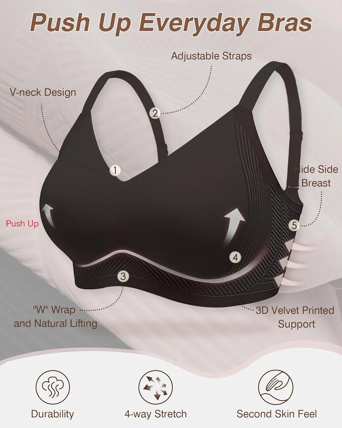 Womens Full Coverage Push Up Bras with Support and Lift Velvet Silhouette Wireless Everyday Bralettes
