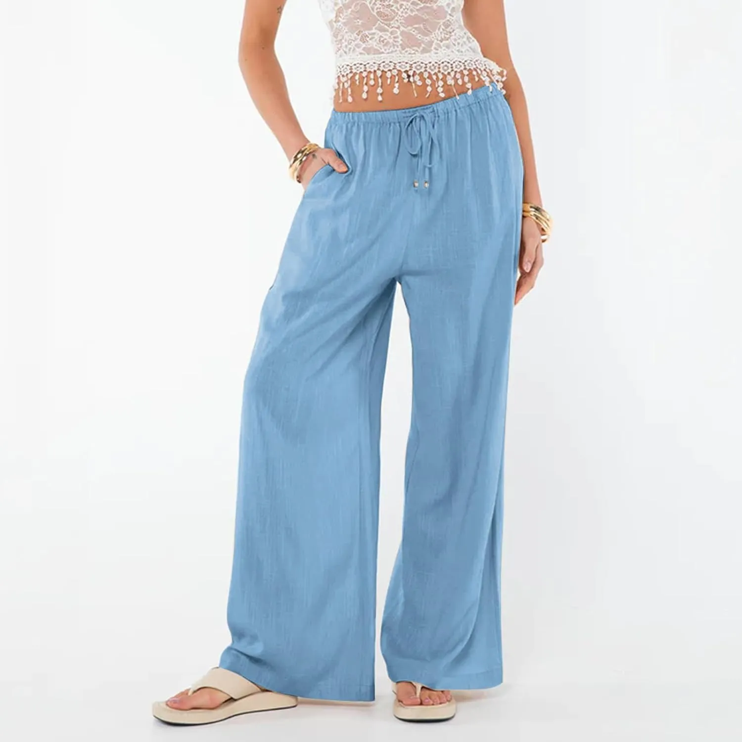 Womens Gauze Pants Cotton Linen Summer Flowy High Waisted Beach Palazzo Pants Lightweight Paperbag Pants with Pocket