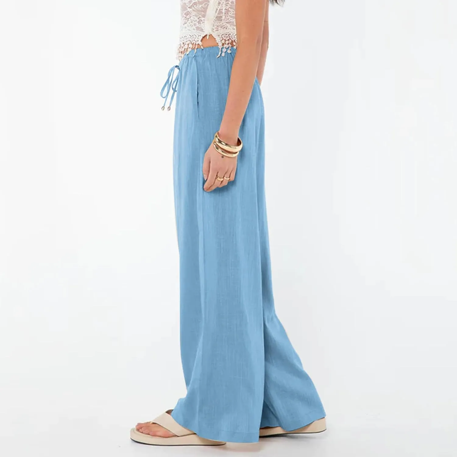 Womens Gauze Pants Cotton Linen Summer Flowy High Waisted Beach Palazzo Pants Lightweight Paperbag Pants with Pocket