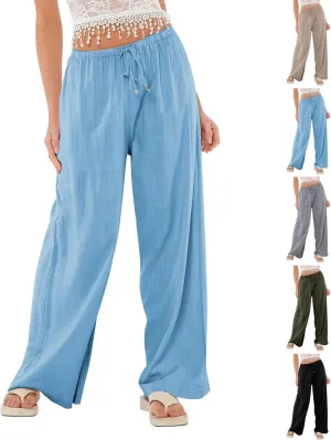 Womens Gauze Pants Cotton Linen Summer Flowy High Waisted Beach Palazzo Pants Lightweight Paperbag Pants with Pocket