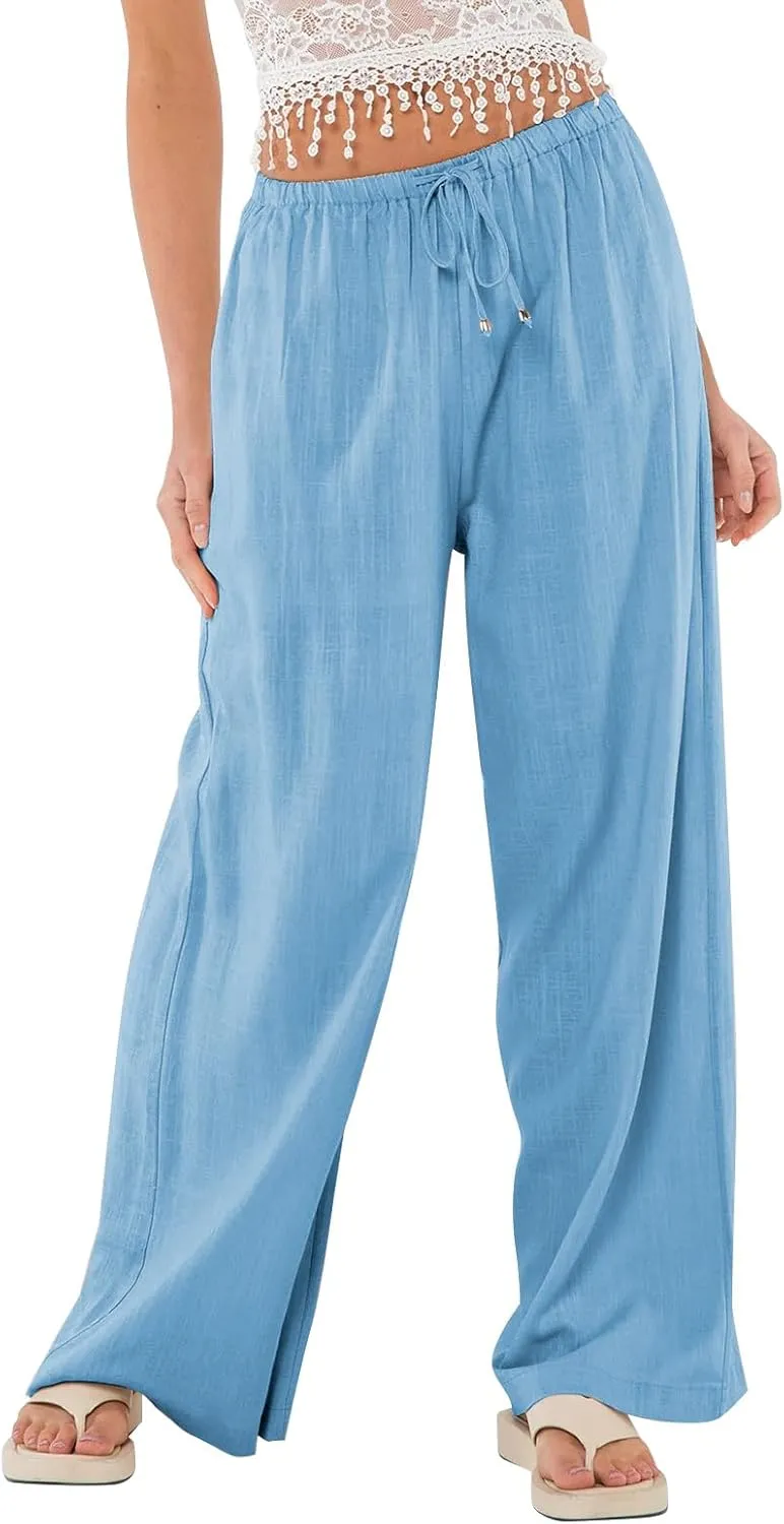 Womens Gauze Pants Cotton Linen Summer Flowy High Waisted Beach Palazzo Pants Lightweight Paperbag Pants with Pocket