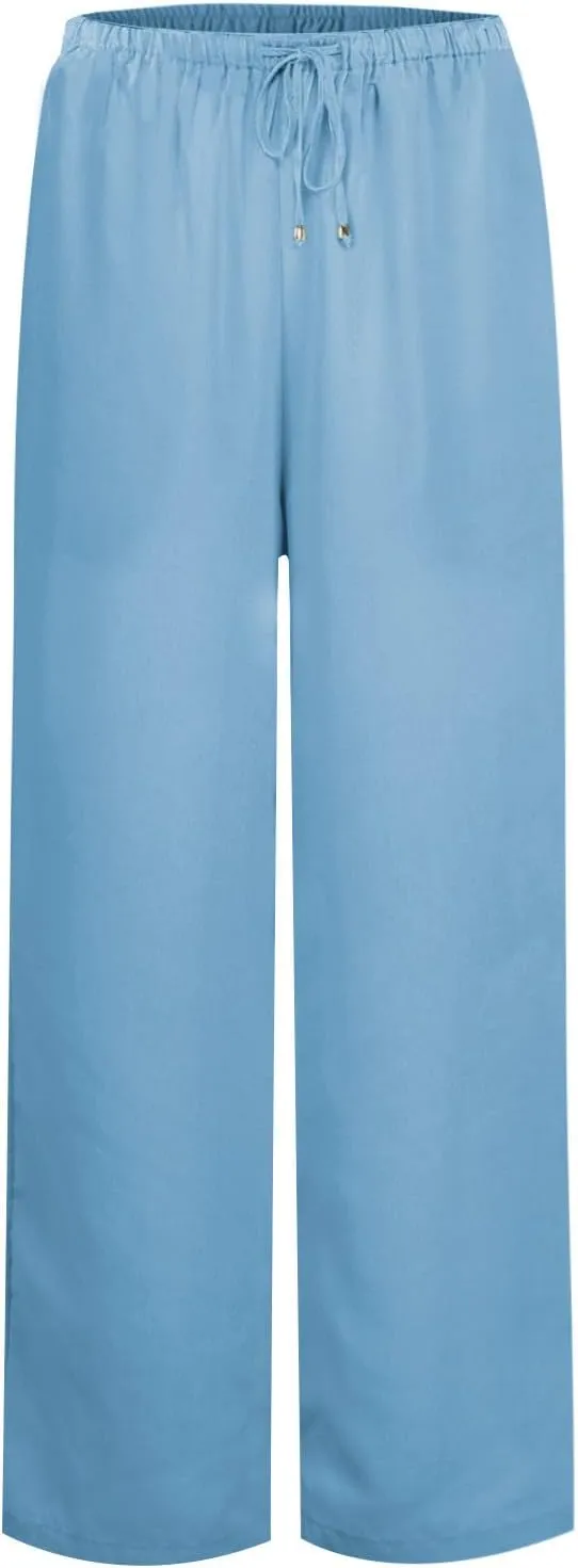 Womens Gauze Pants Cotton Linen Summer Flowy High Waisted Beach Palazzo Pants Lightweight Paperbag Pants with Pocket