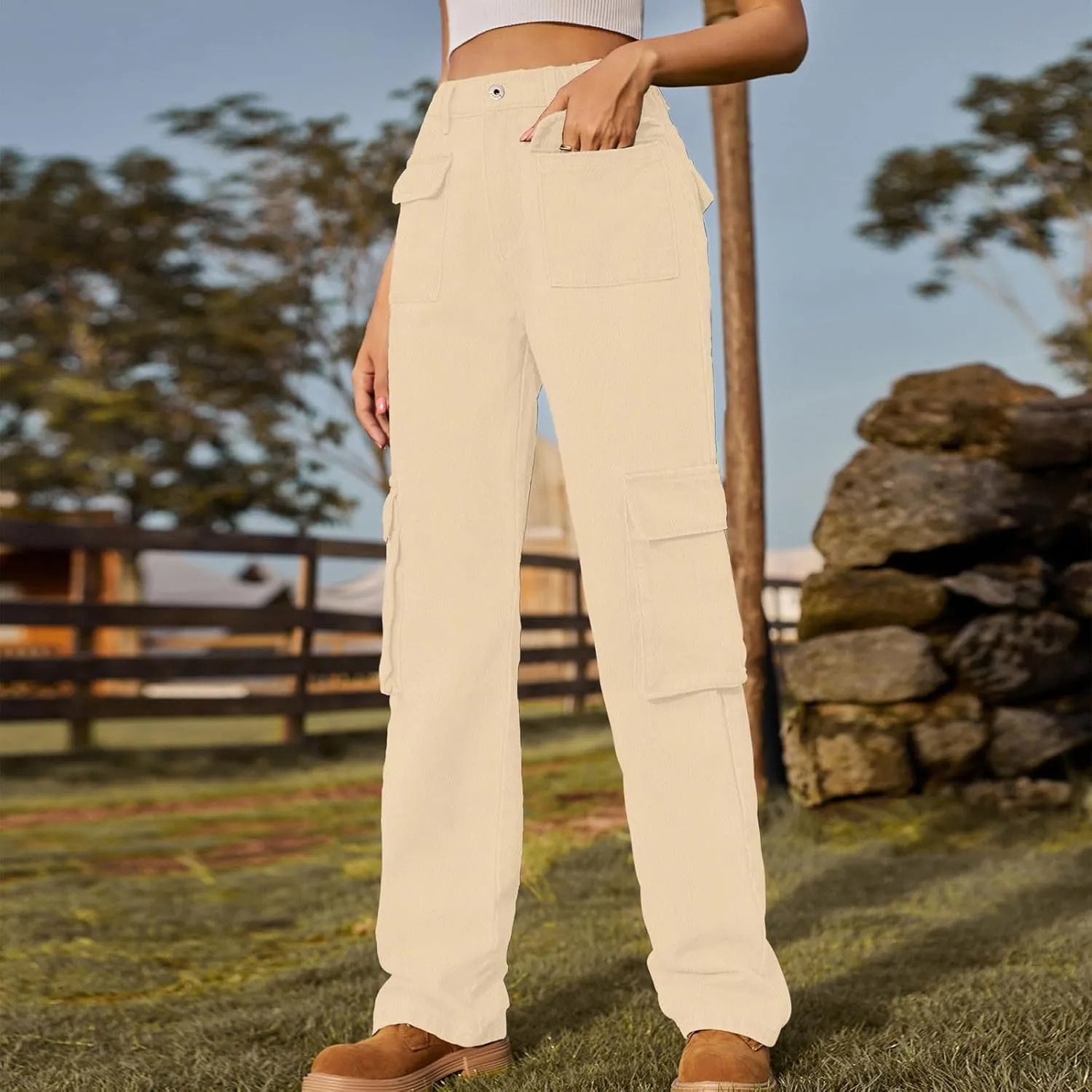 Womens High Waisted Cargo Jeans Casual Stretchy Wide Leg Cargo Pants with 6 Pockets Y2K Streetwear Denim Trousers