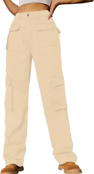 Womens High Waisted Cargo Jeans Casual Stretchy Wide Leg Cargo Pants with 6 Pockets Y2K Streetwear Denim Trousers