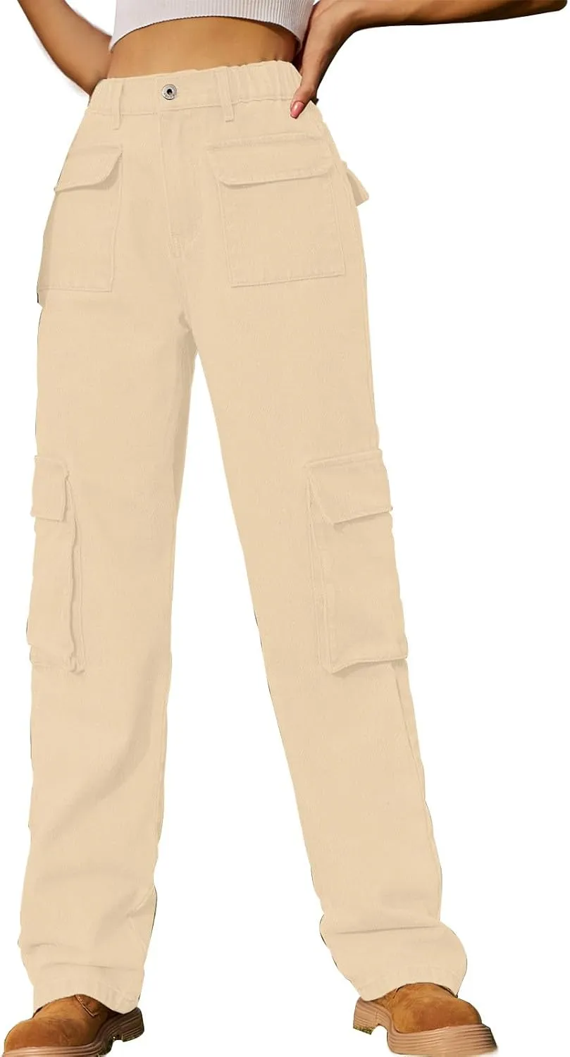 Womens High Waisted Cargo Jeans Casual Stretchy Wide Leg Cargo Pants with 6 Pockets Y2K Streetwear Denim Trousers