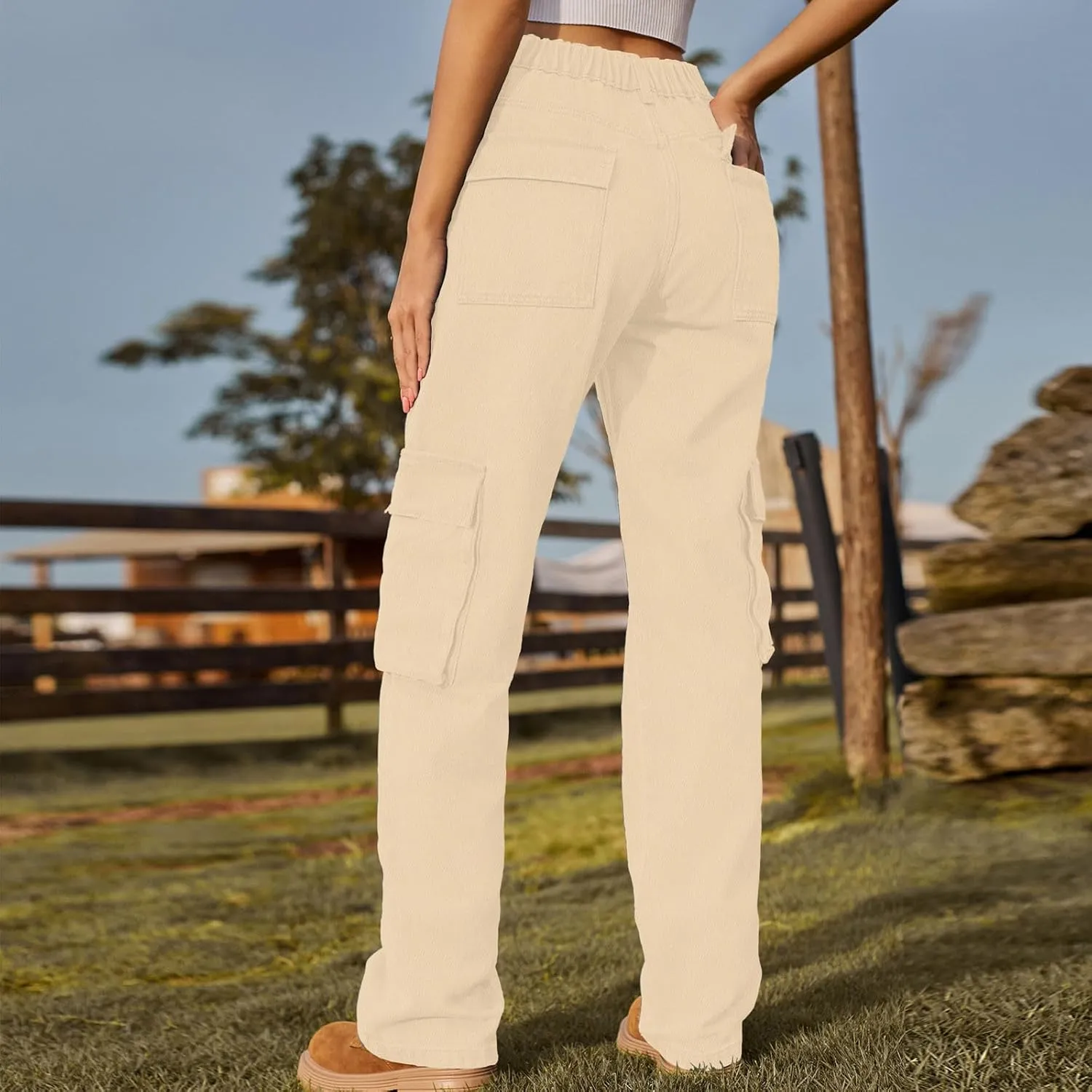 Womens High Waisted Cargo Jeans Casual Stretchy Wide Leg Cargo Pants with 6 Pockets Y2K Streetwear Denim Trousers