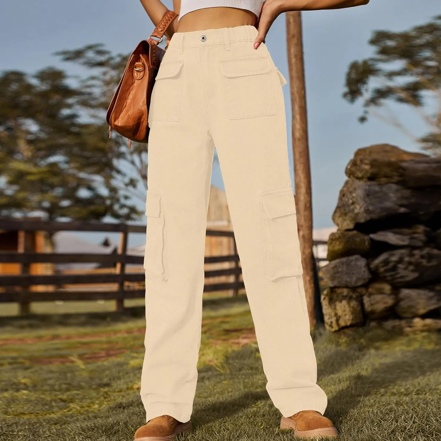 Womens High Waisted Cargo Jeans Casual Stretchy Wide Leg Cargo Pants with 6 Pockets Y2K Streetwear Denim Trousers