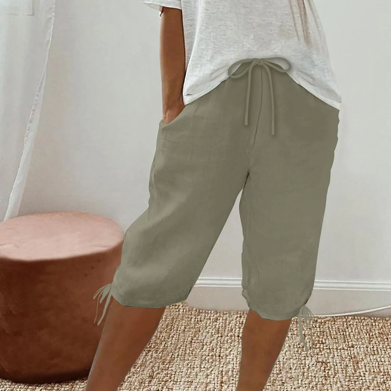 Womens High Waisted Summer Short Cotton Linen Dressy Casual Shorts Drawstring Cute Bermuda Trendy Vacation Clothes