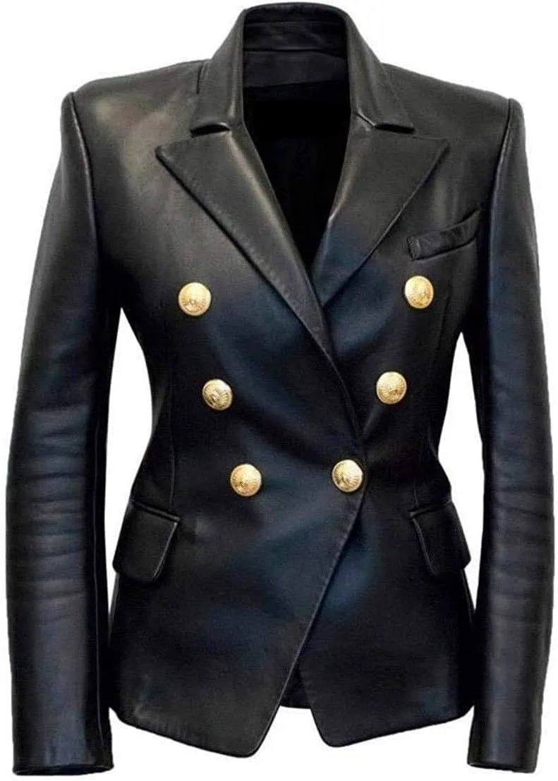 Womens Kim Kardashian Black Double Breasted Slim Fit Real Leather Jacket Blazer (L)