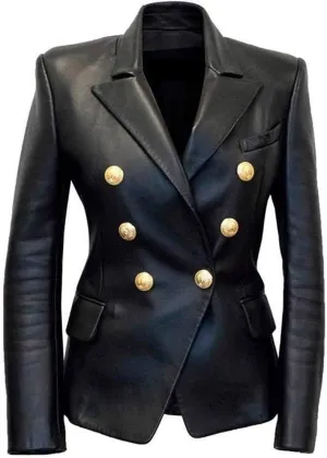 Womens Kim Kardashian Black Double Breasted Slim Fit Real Leather Jacket Blazer (L)