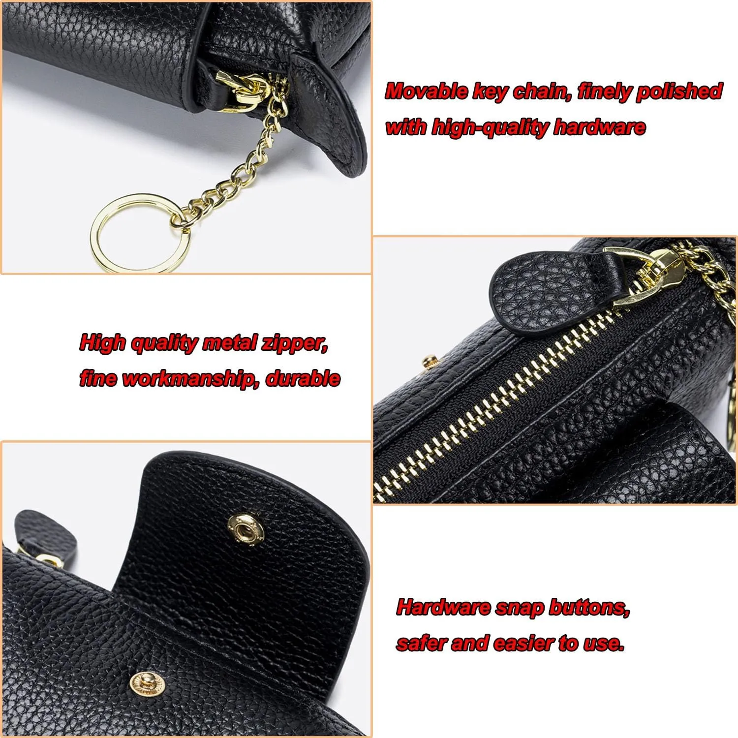 Women's Leather Mini Coin Purse, Zipper Wallet with Key Holder,Mini Coin PurseKeychain，Wallet Keychain，Women's Soft Leather Coin Purse. (Black)