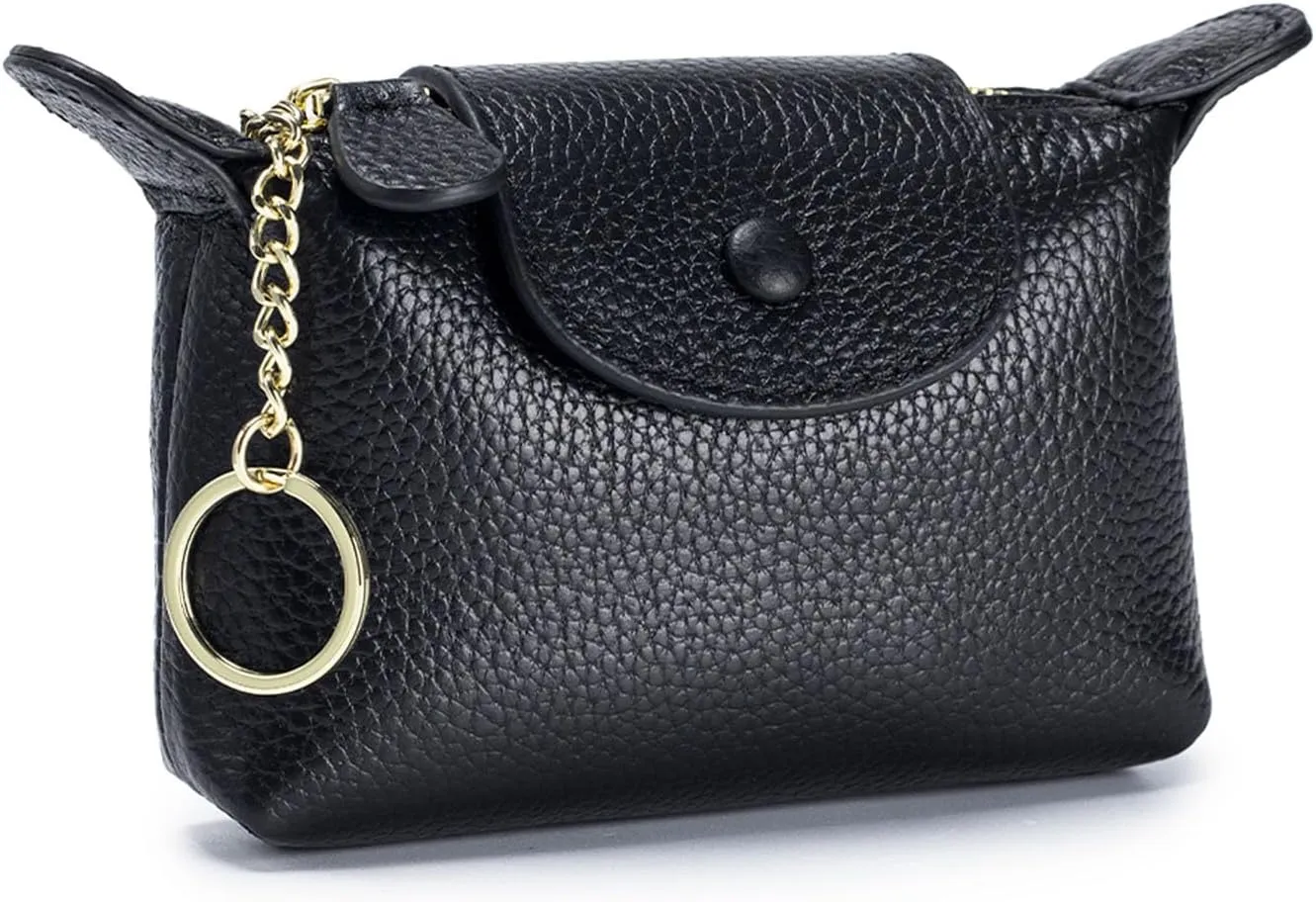 Women's Leather Mini Coin Purse, Zipper Wallet with Key Holder,Mini Coin PurseKeychain，Wallet Keychain，Women's Soft Leather Coin Purse. (Black)