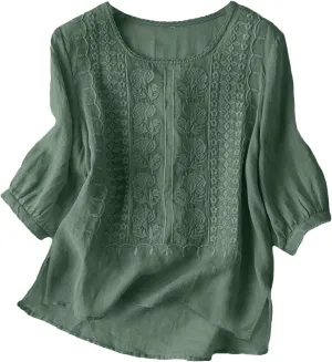 Women's Linen Blouse Tops Summer Shirts Loose Casual Work Tops Blouses Cotton Blouse Linen Shirt Roll Up Sleeve