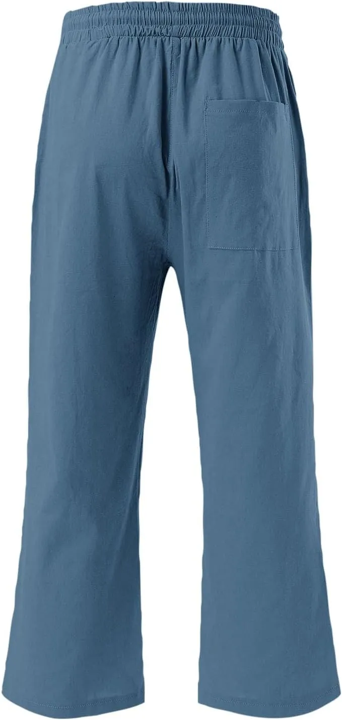 Womens Linen Boho Capris Pants Fashion Drawstring Elastic Trousers Comfy Straight Leg Long Pants with Pockets Wide