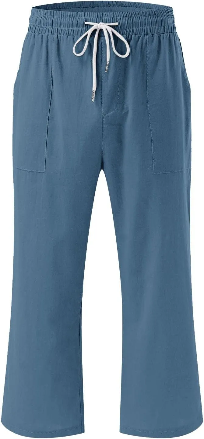 Womens Linen Boho Capris Pants Fashion Drawstring Elastic Trousers Comfy Straight Leg Long Pants with Pockets Wide