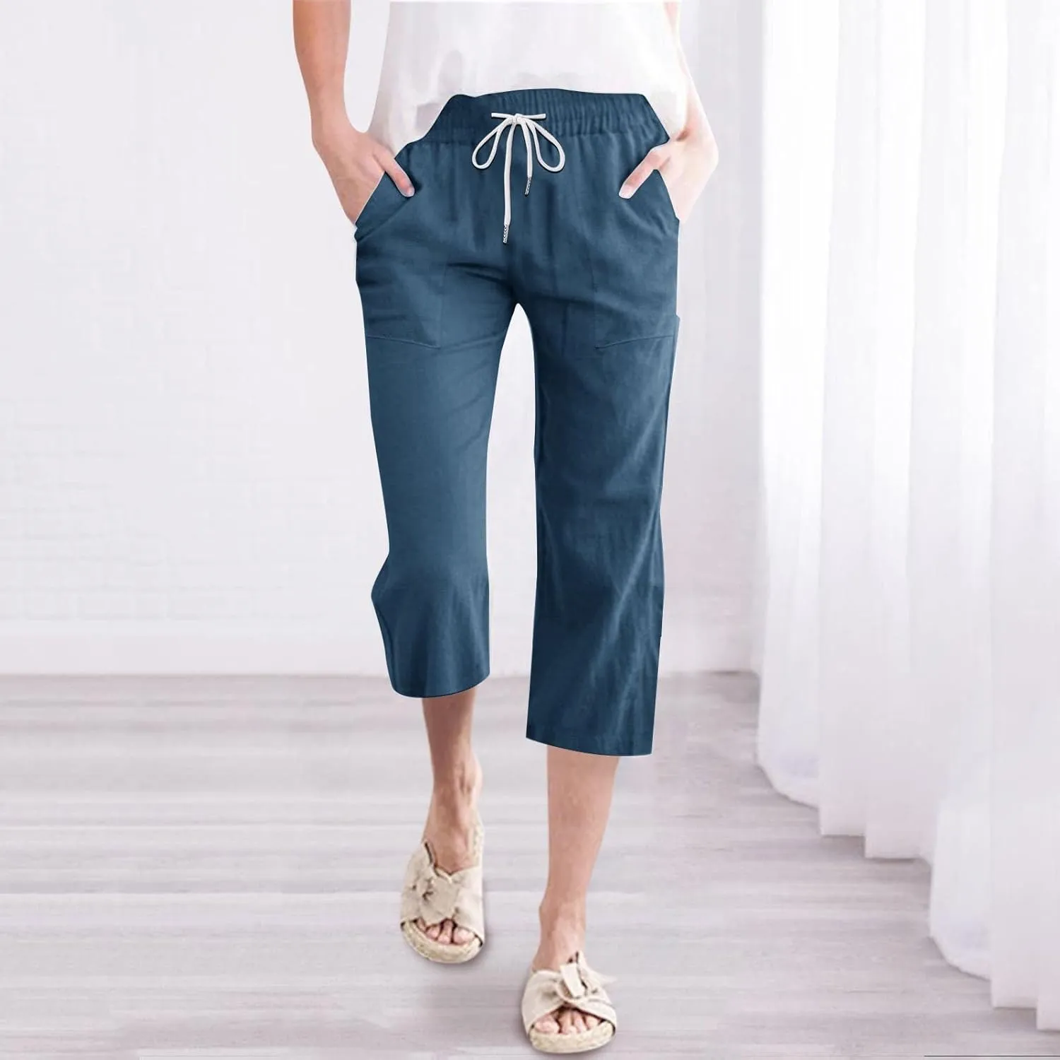 Womens Linen Boho Capris Pants Fashion Drawstring Elastic Trousers Comfy Straight Leg Long Pants with Pockets Wide