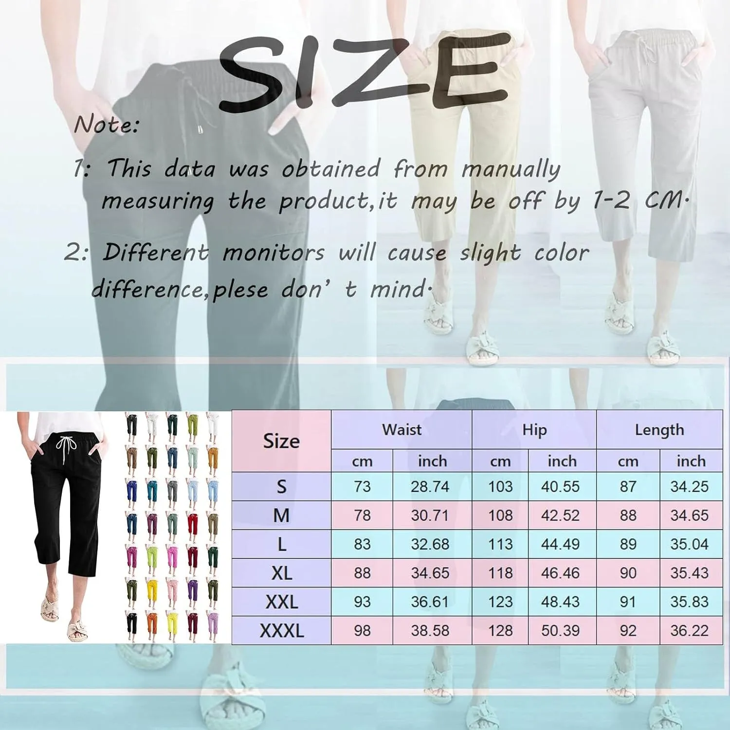Womens Linen Boho Capris Pants Fashion Drawstring Elastic Trousers Comfy Straight Leg Long Pants with Pockets Wide