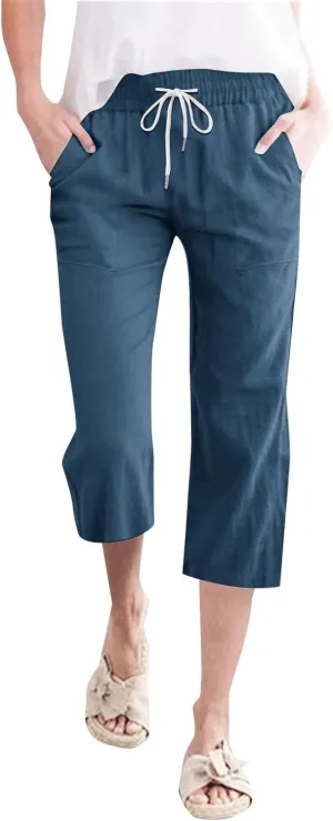 Womens Linen Boho Capris Pants Fashion Drawstring Elastic Trousers Comfy Straight Leg Long Pants with Pockets Wide