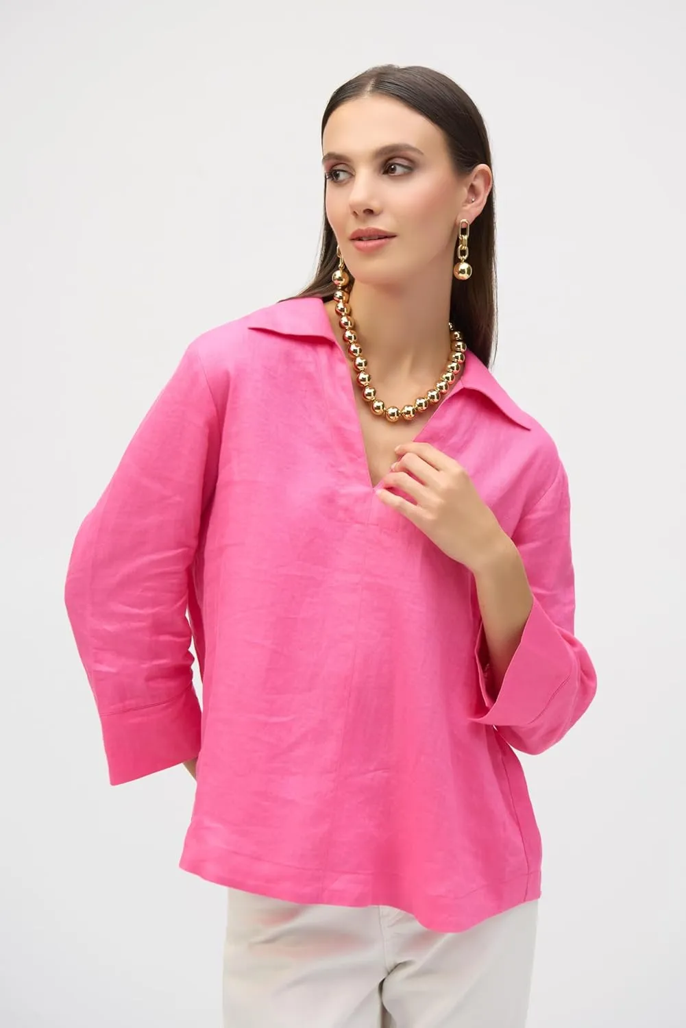 Women's Linen Boxy Top with Shirt Collar