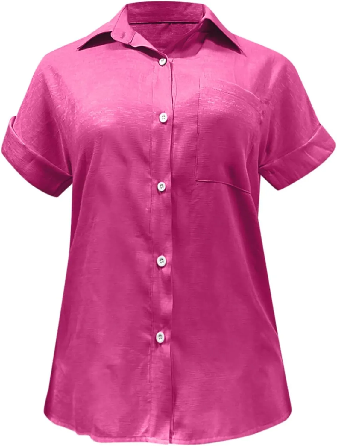 Womens Linen Button Down Shirt Casual Summer Tops Short Sleeve T-Shirt Loose Fit V Neck Collared Tunic Blouse W/Pocket
