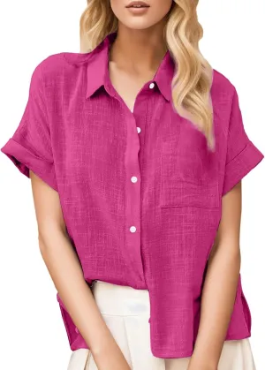 Womens Linen Button Down Shirt Casual Summer Tops Short Sleeve T-Shirt Loose Fit V Neck Collared Tunic Blouse W/Pocket
