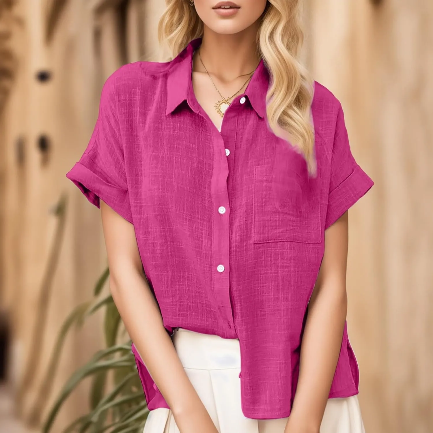 Womens Linen Button Down Shirt Casual Summer Tops Short Sleeve T-Shirt Loose Fit V Neck Collared Tunic Blouse W/Pocket
