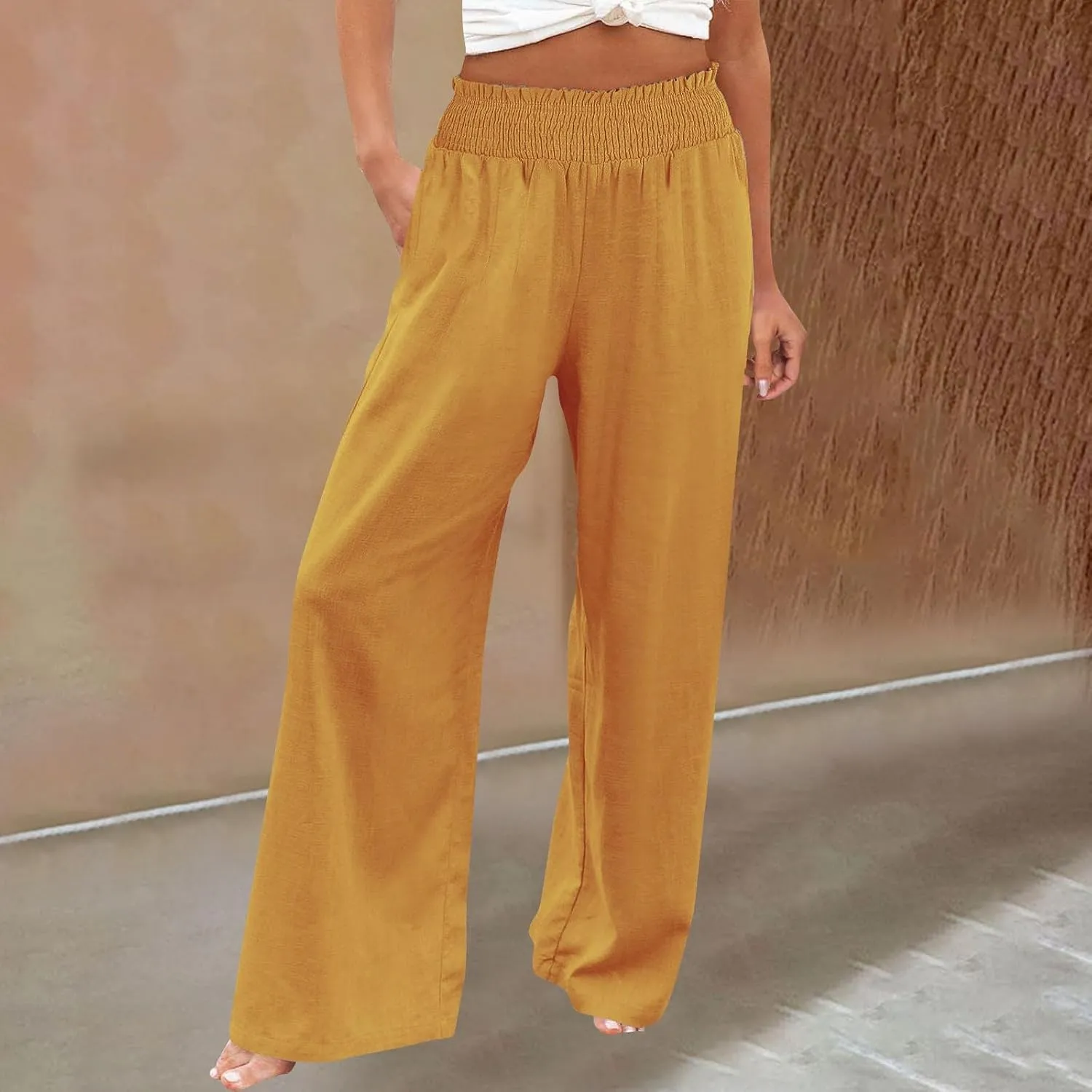 Women's Linen Palazzo Pants Wide Leg High Waistband Summer Boho Trousers Casual Travel Vacation Lounge Comfy Outfits