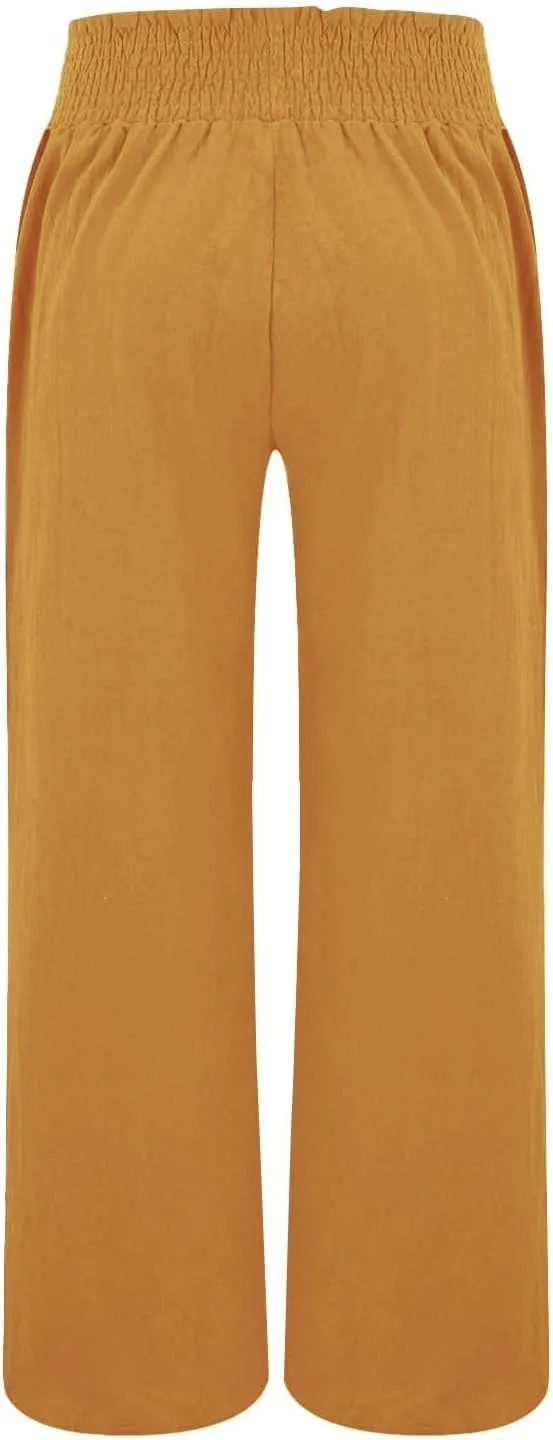 Women's Linen Palazzo Pants Wide Leg High Waistband Summer Boho Trousers Casual Travel Vacation Lounge Comfy Outfits