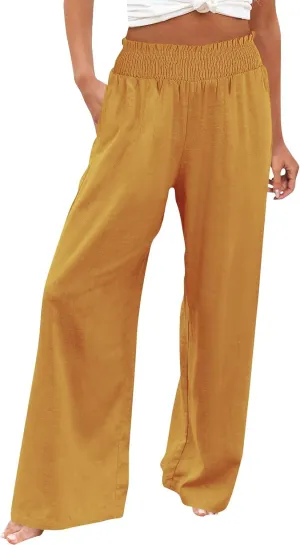 Women's Linen Palazzo Pants Wide Leg High Waistband Summer Boho Trousers Casual Travel Vacation Lounge Comfy Outfits