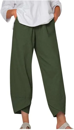 Womens Linen Pants Summer Casual Capri Pants with Pockets Palazzo Cropped Comfy Baggy Trousers High Waisted
