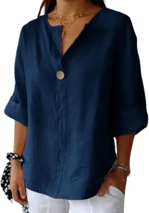 Women's Linen Shirt Button Down V Neck Solid Blouse 3/4 Sleeves Casual Loose Fit Tunic Tops Summer T Shirts