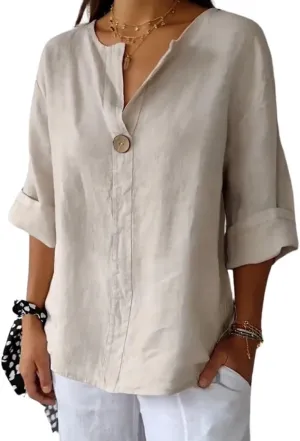 Women's Linen Shirt Button Down V Neck Solid Blouse 3/4 Sleeves Casual Loose Fit Tunic Tops Summer T Shirts
